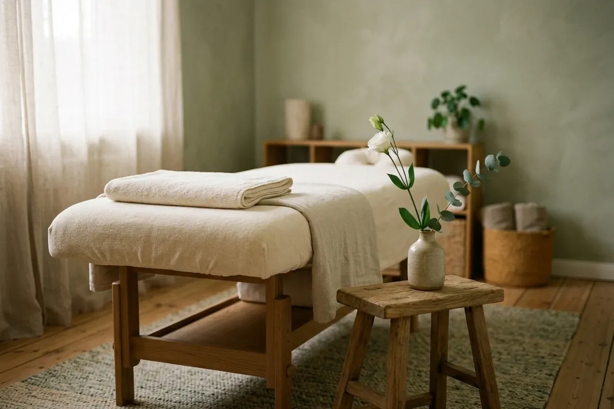 A calm sage-toned treatment room with a massage couch, folded towel and a single flower