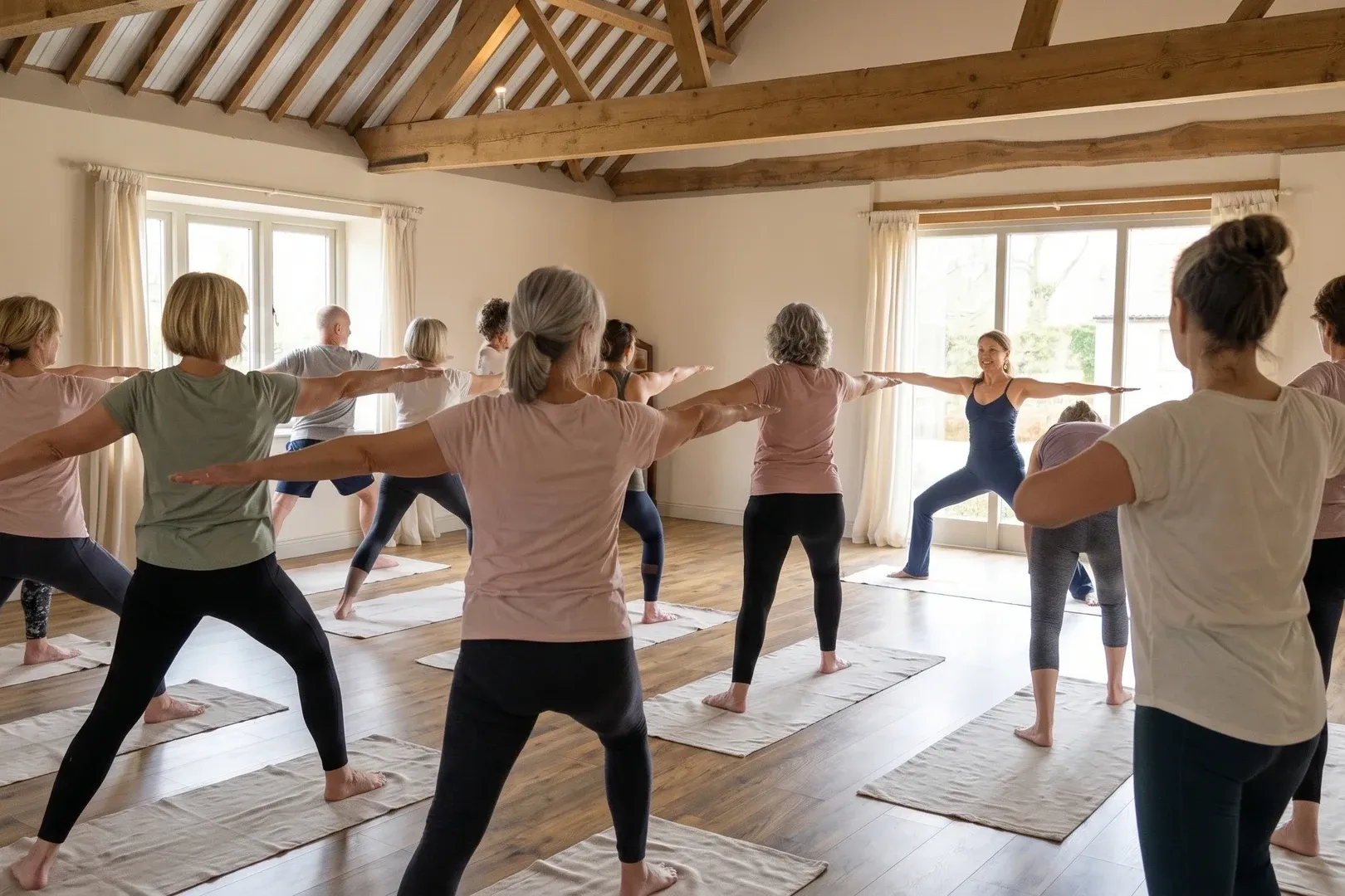 A small Hatha Yoga class in a warmly lit Norwich village hall