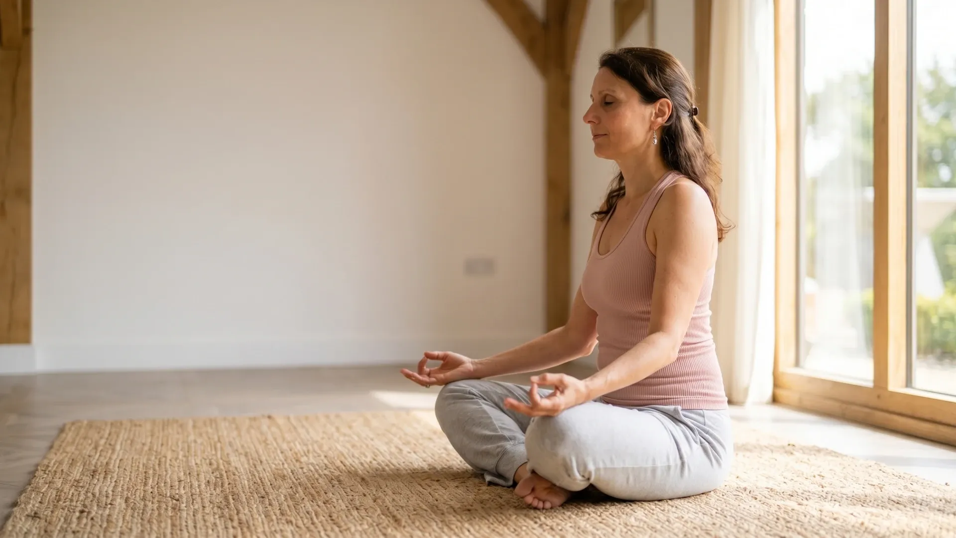 Yoga teacher sitting thoughtfully on a mat in a sunlit village hall