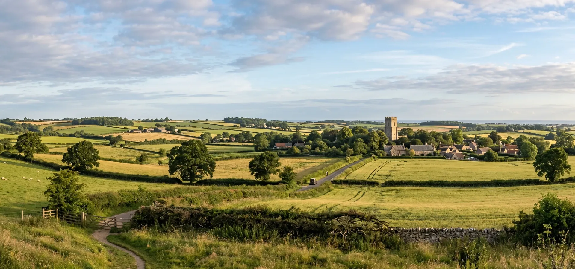Rolling Norfolk countryside with a village church in the distance