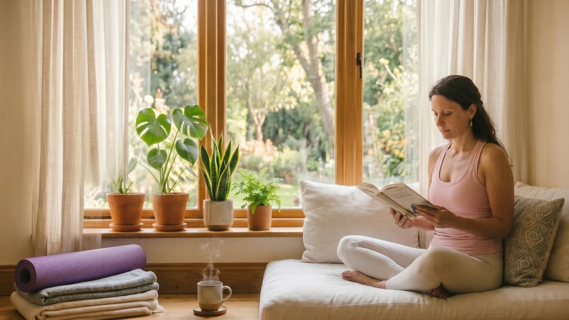 Woman reading beside a yoga mat in a sunny window seat