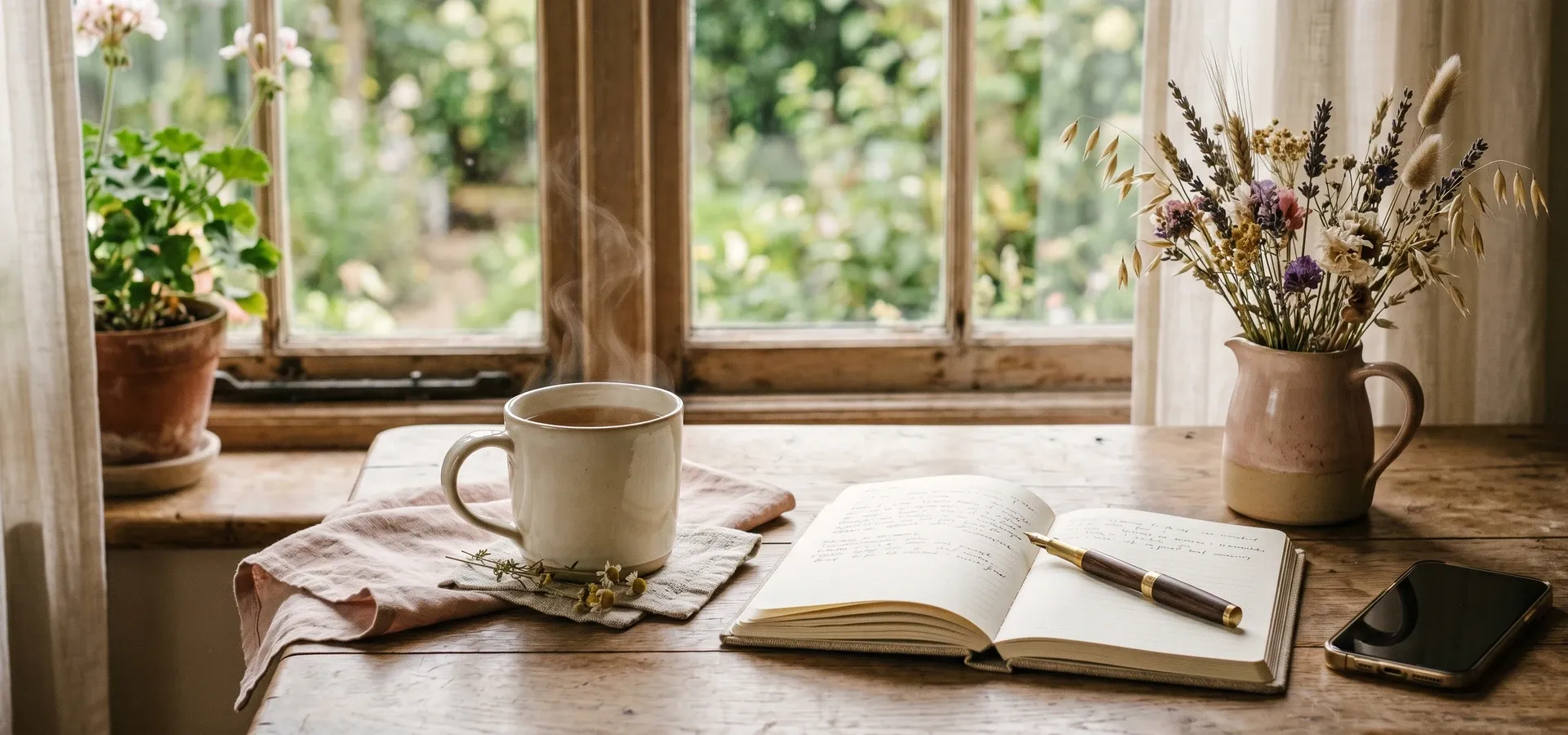 Warm mug of tea, notebook and dried flowers on a wooden table