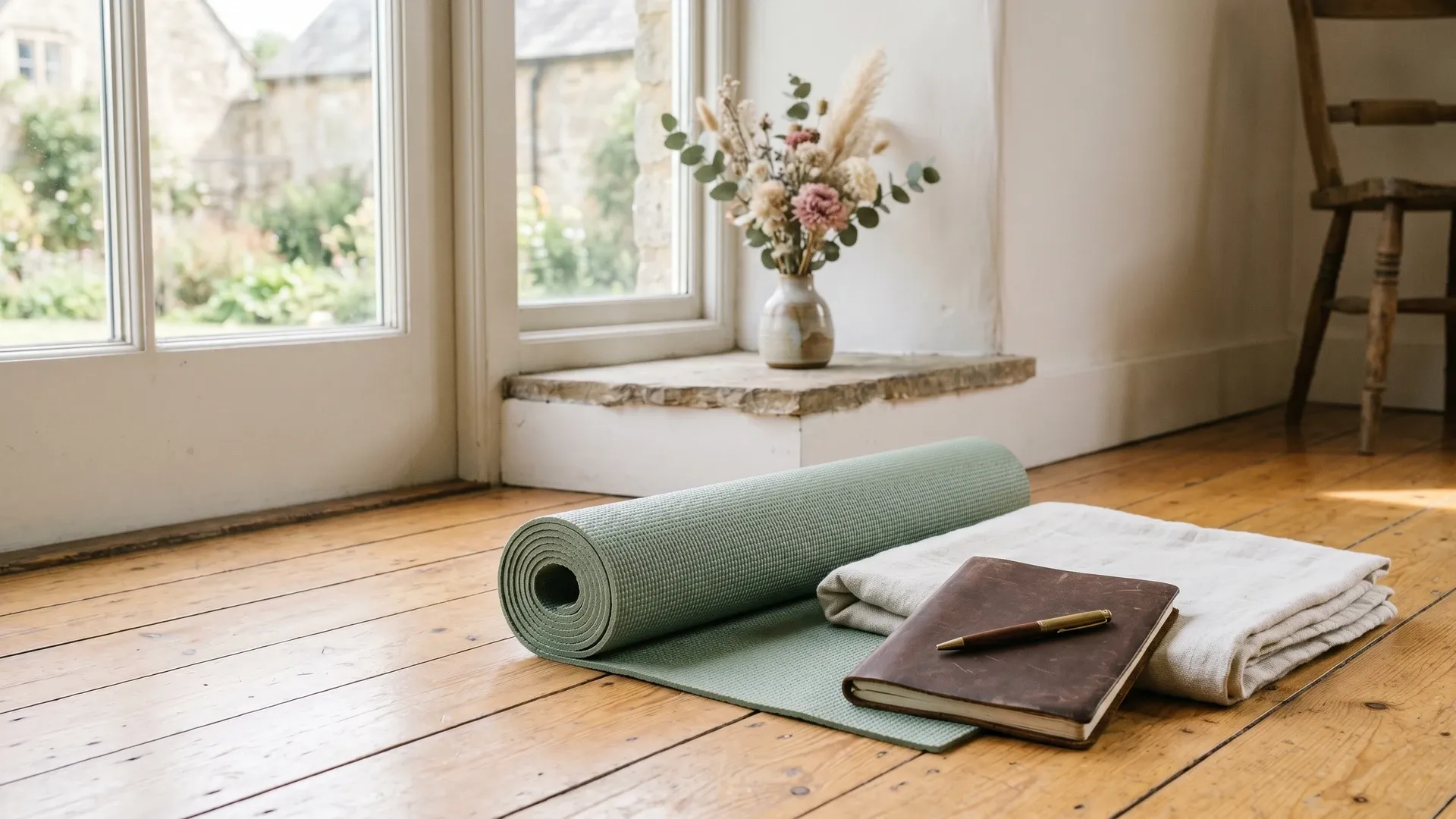 A neatly rolled yoga mat, folded linen blanket and closed notebook resting on a sunlit wooden floor