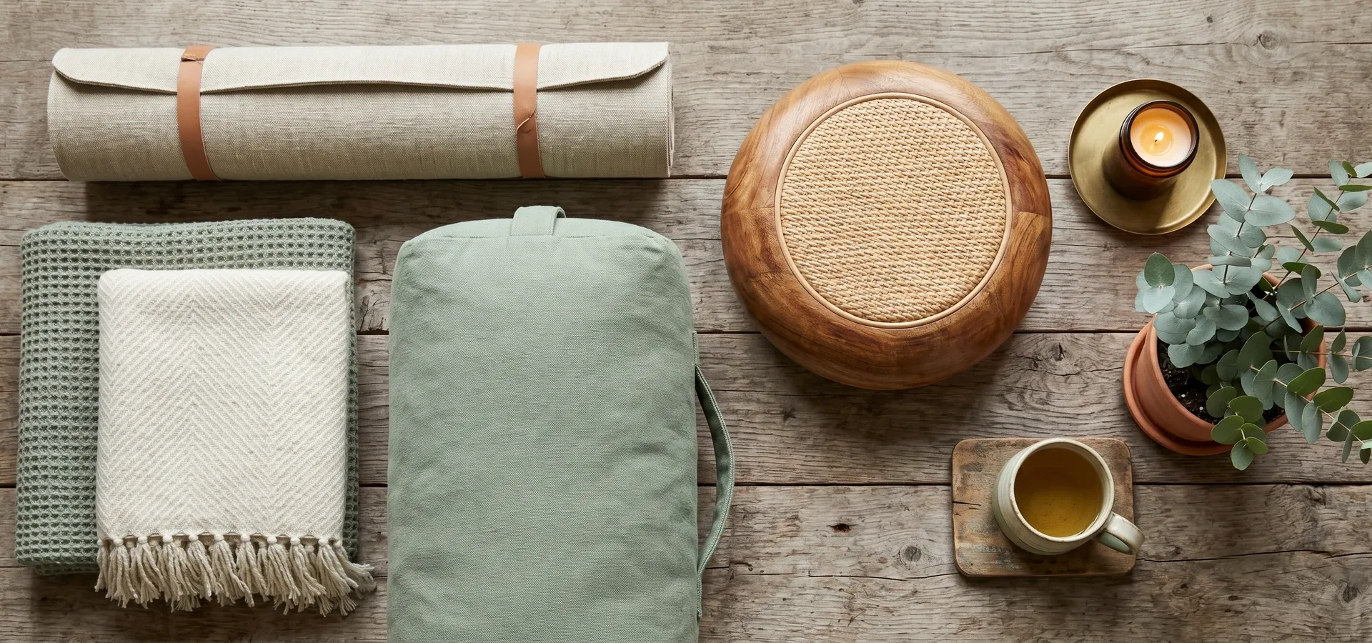 Yoga equipment laid out in warm natural light