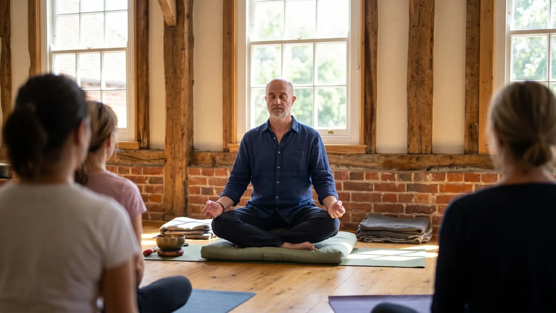 James leading a meditation class at Barnham Broom Village Hall, Norfolk