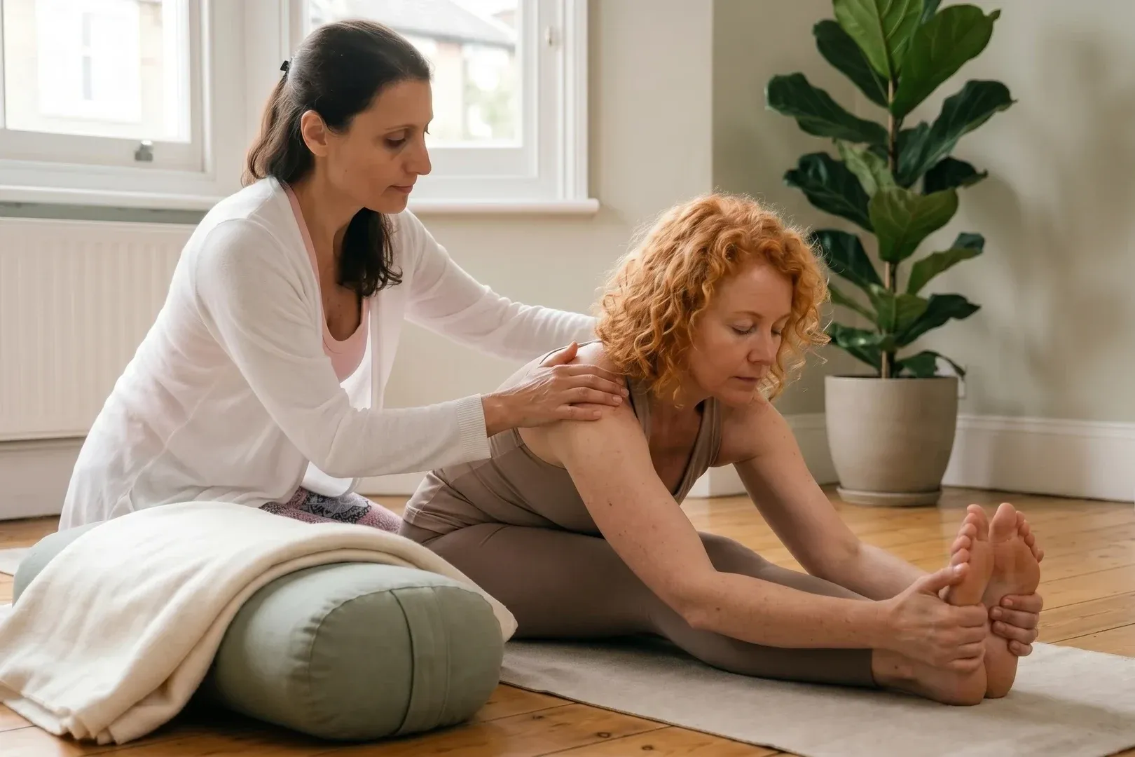 A private one-to-one yoga session with detailed hands-on adjustment