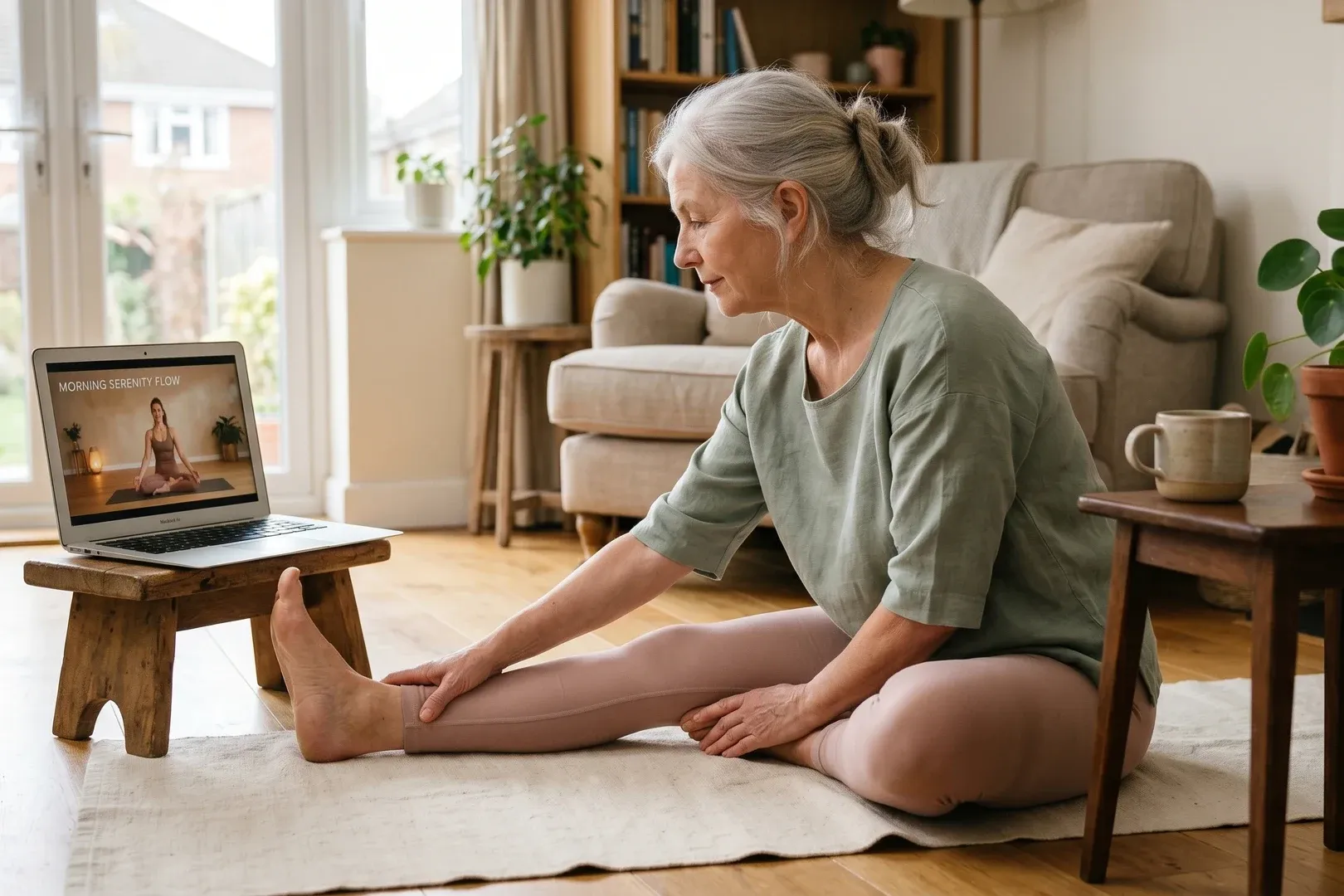 A student practising yoga at home in front of a laptop screen