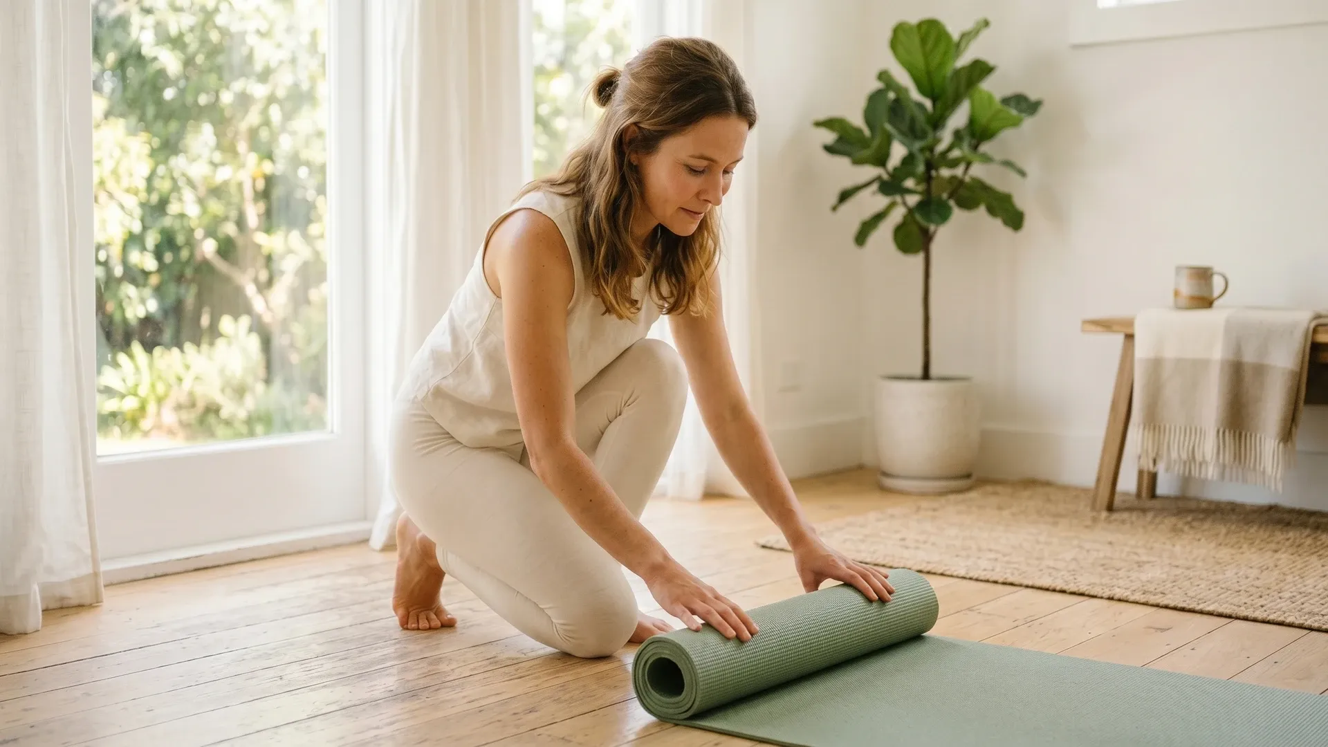 Yoga bolsters and blankets folded carefully on a wooden floor