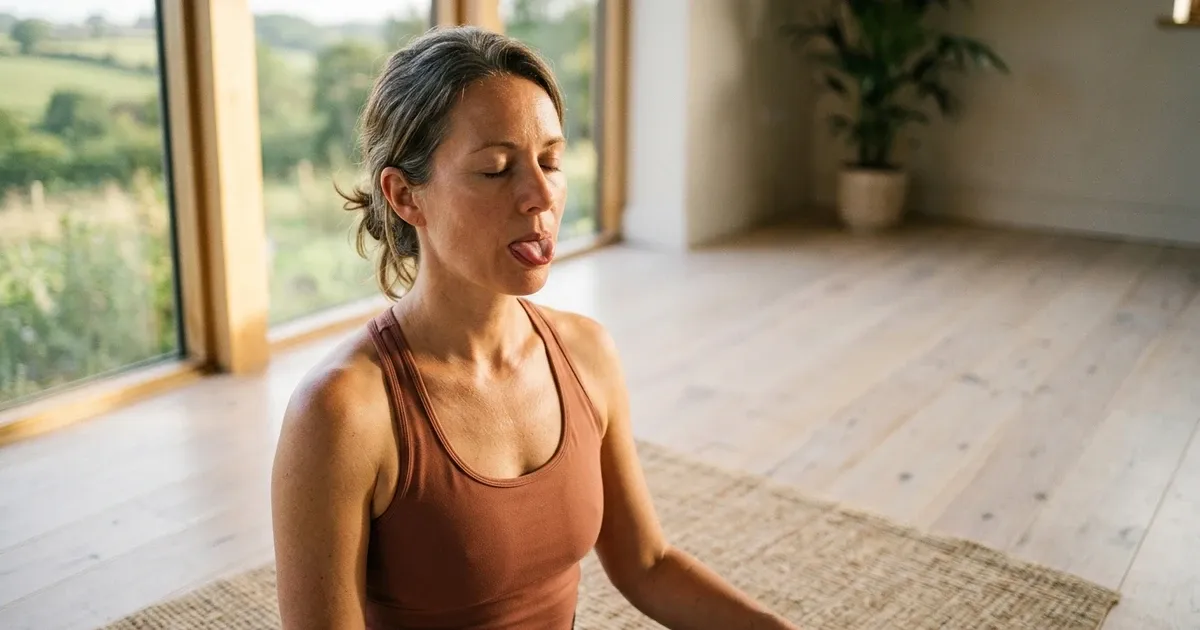 Woman seated in sukhasana practising Sitali pranayama, lips softly parted, in warm afternoon light