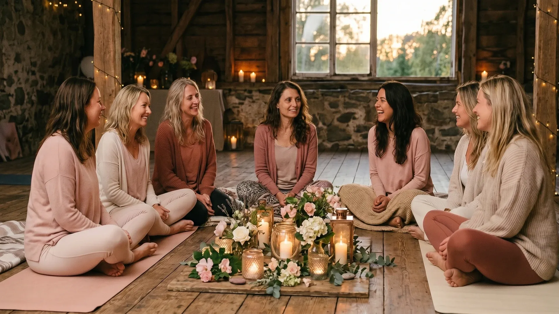 A circle of cushions and candles laid out in a quiet room