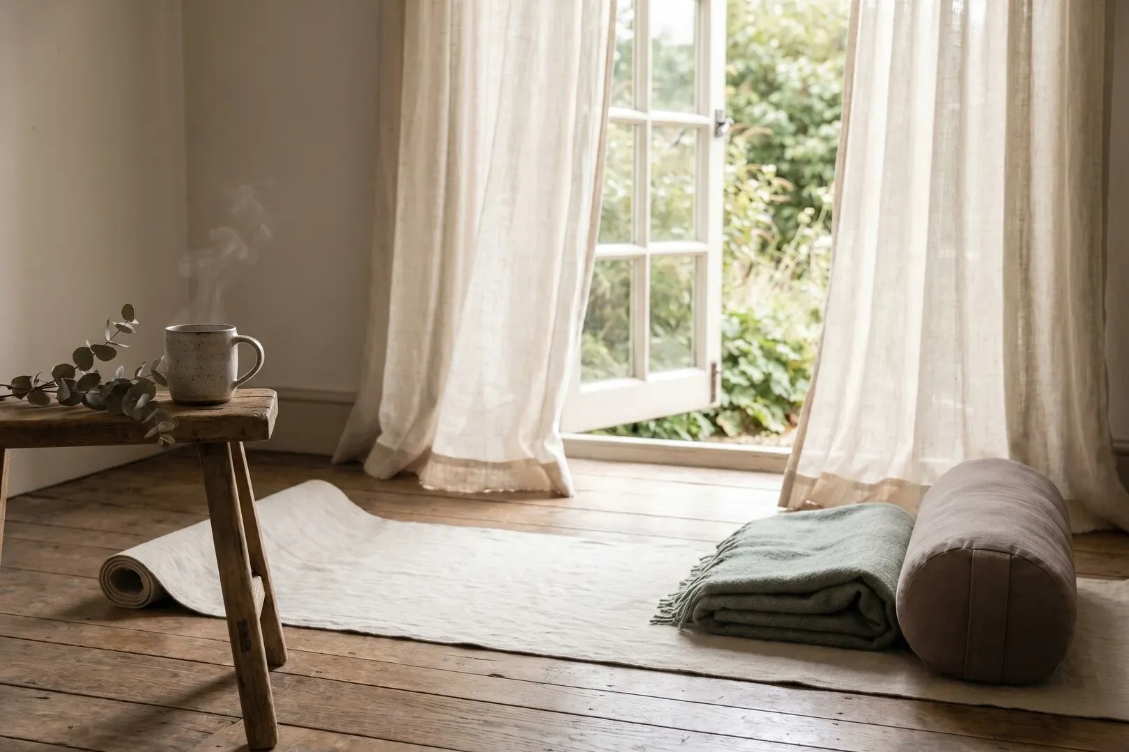 Ania seated by a sunlit window, one hand on her chest and one on her belly, calmly breathing