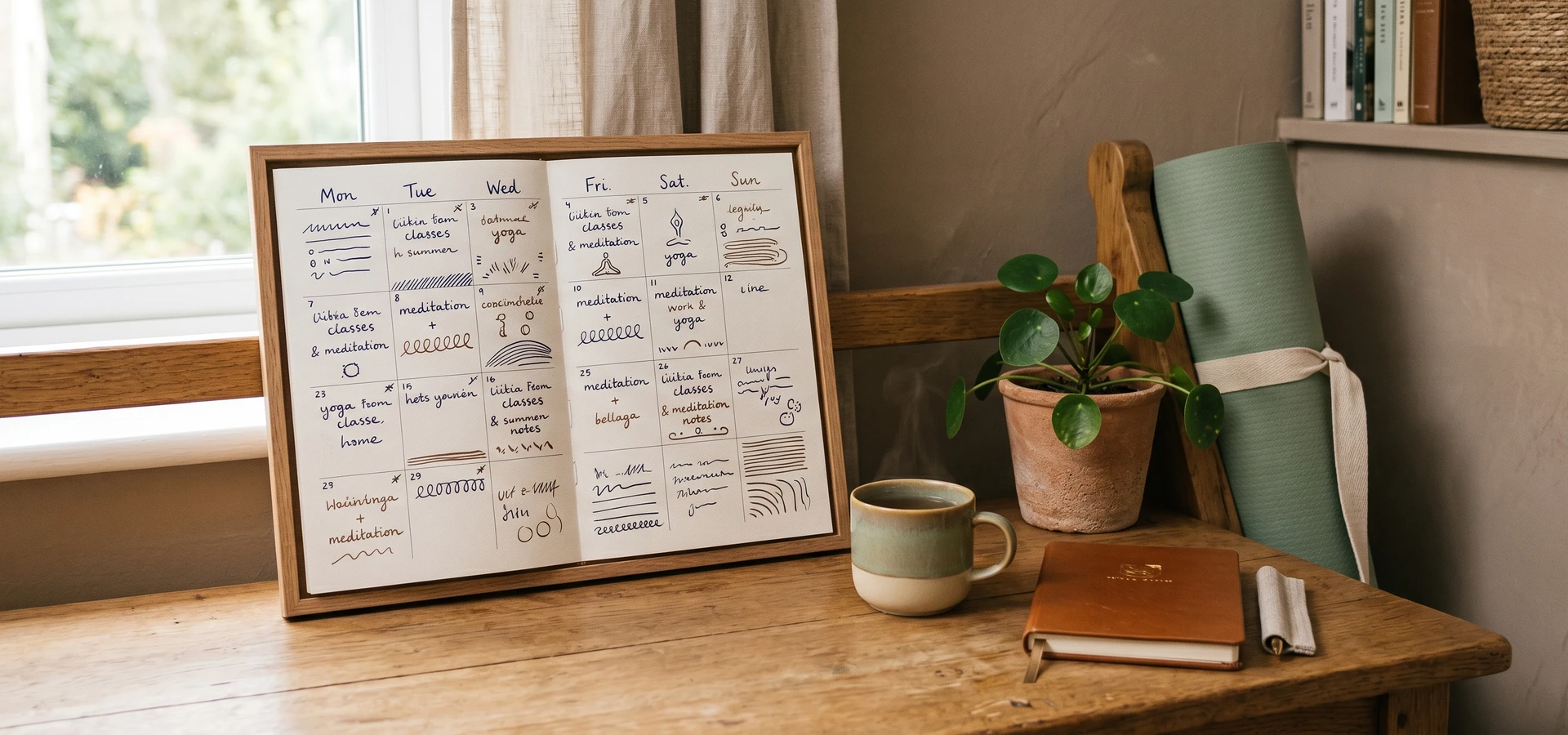 Wall calendar, notebook and tea on a wooden desk