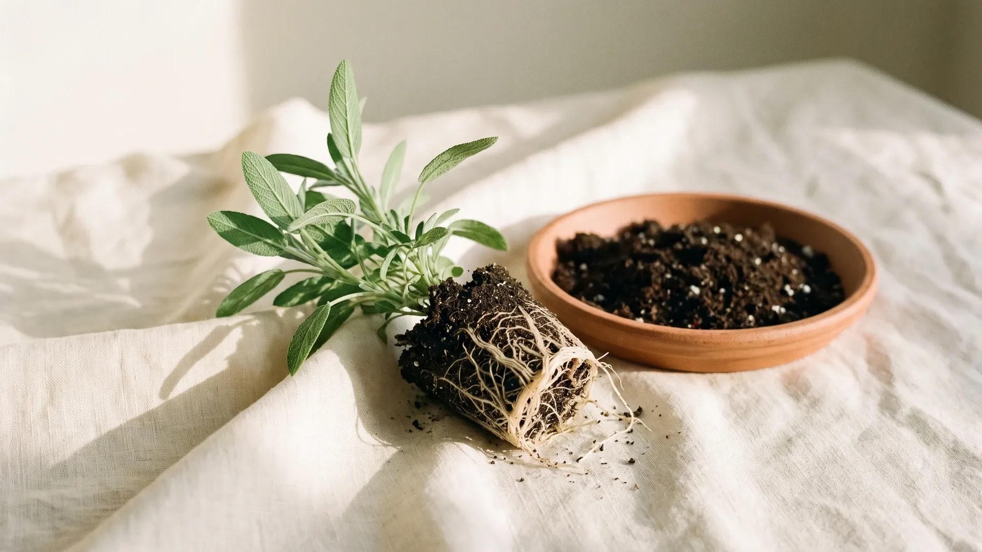 A sage plant with its roots exposed, resting on cream linen beside a small terracotta dish of soil in soft morning light